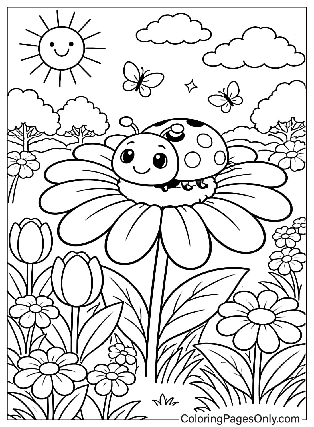 Spring Coloring Pages Cute Ladybug On Big Flower from Spring