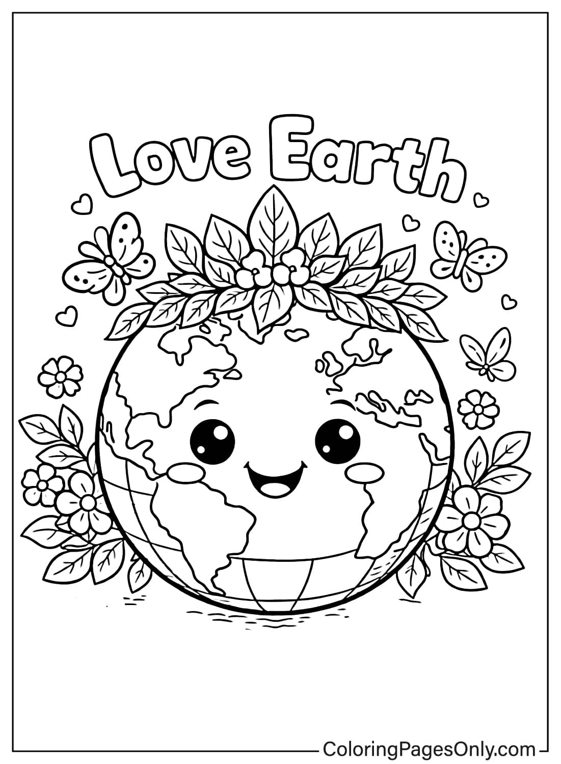 cute earth with flowers butterflies love earth coloring page from Earth Day