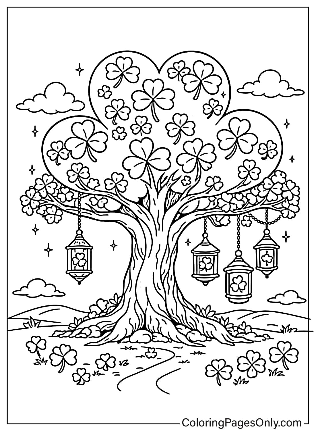 Magical Shamrock Tree With Lanterns Shamrock Coloring Pages from Shamrock