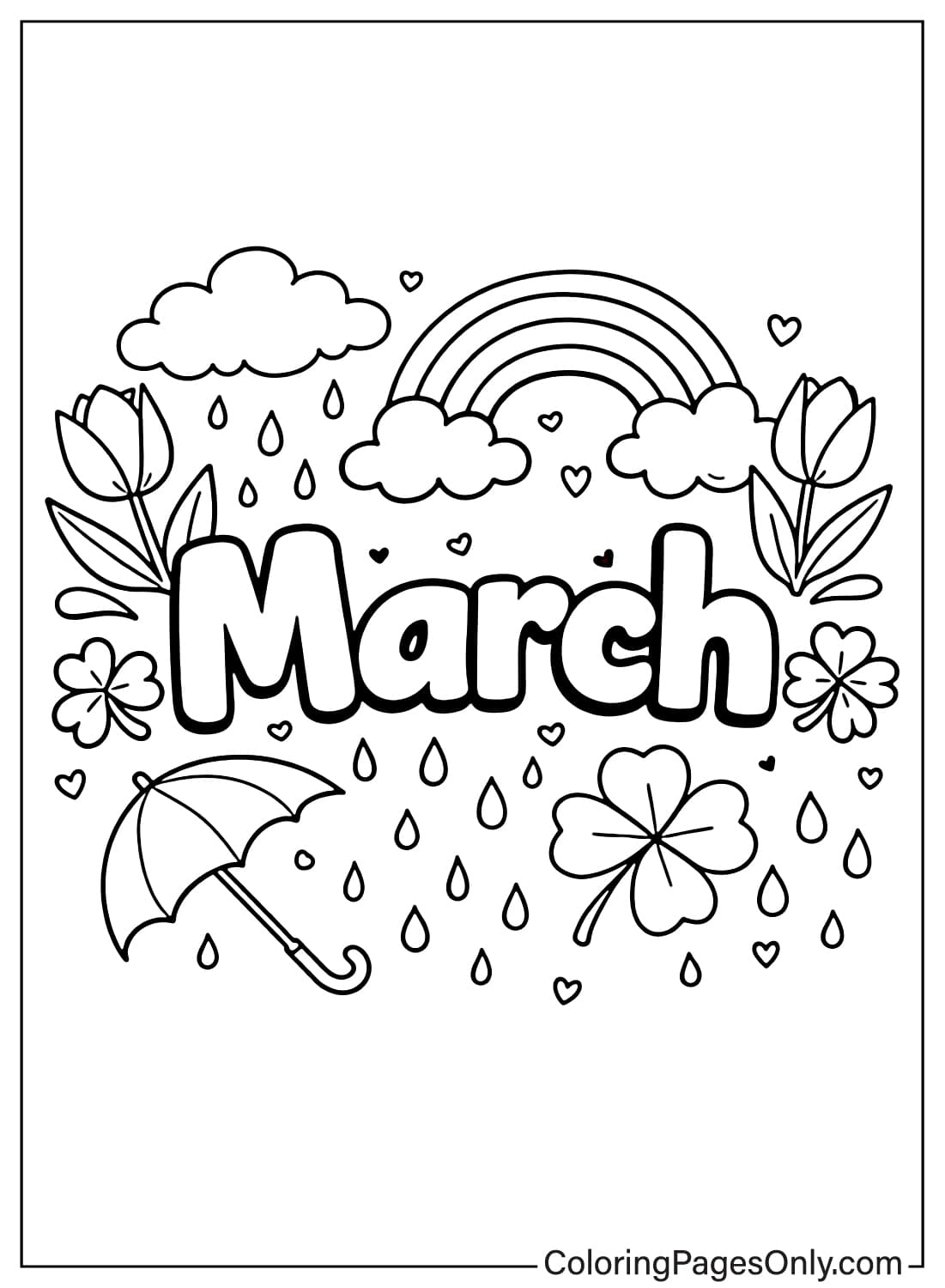March With Umbrella Clover And Rainbow March Coloring Pages from March 2026
