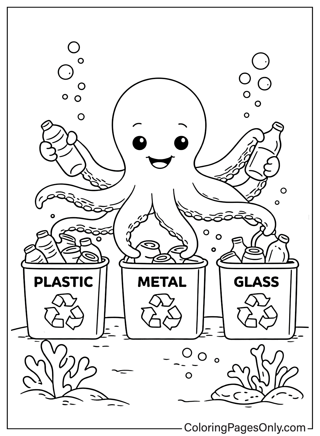 Cute octopus sorting plastic metal and glass recycling bins underwater coloring page from Recycling
