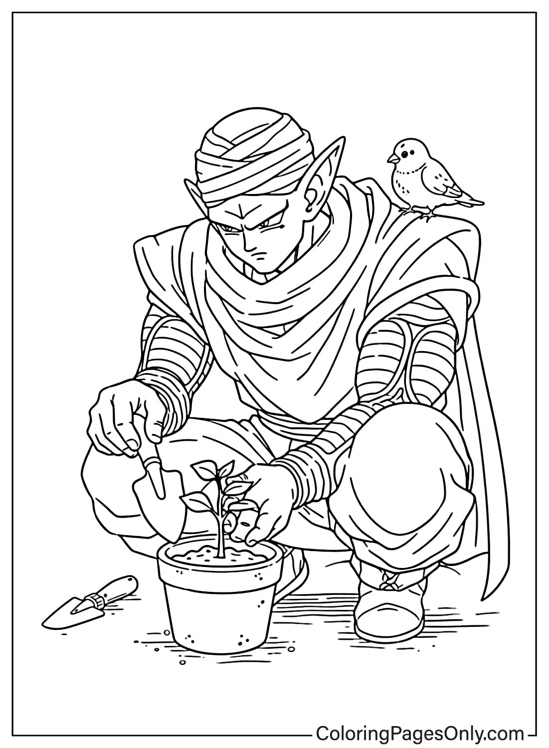 Piccolo planting a tree with a bird on shoulder Dragon Ball Z coloring pages from Dragon Ball Z