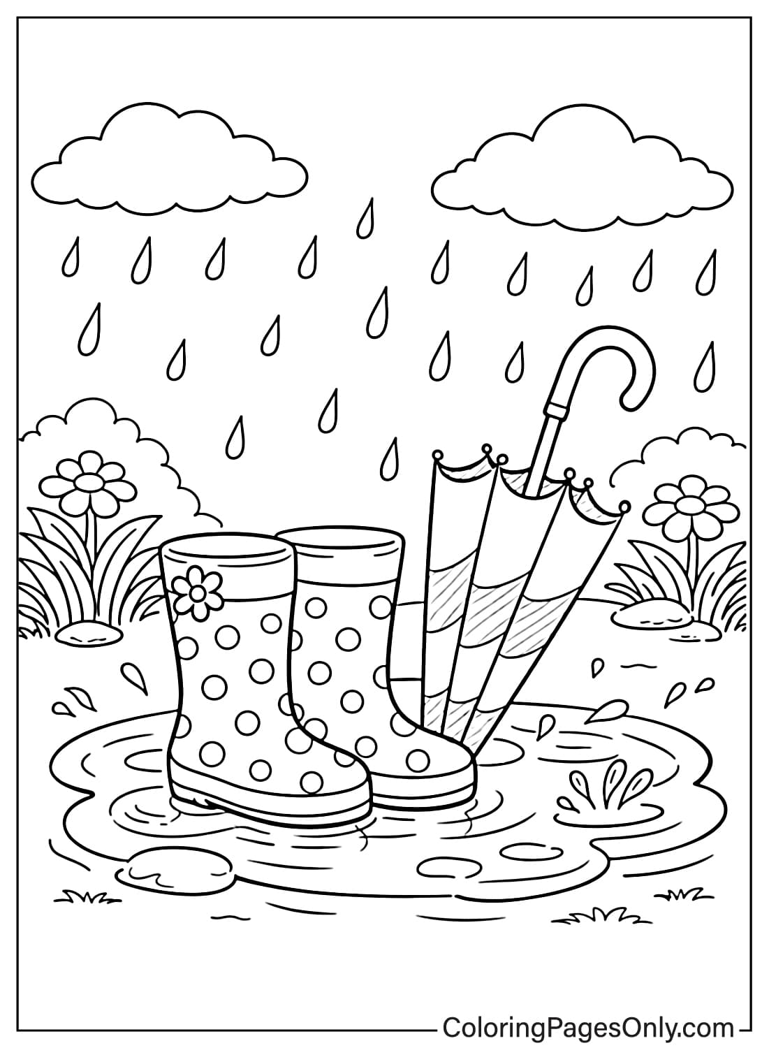 Spring Coloring Pages Rain Boots And Umbrella In Rain from Spring