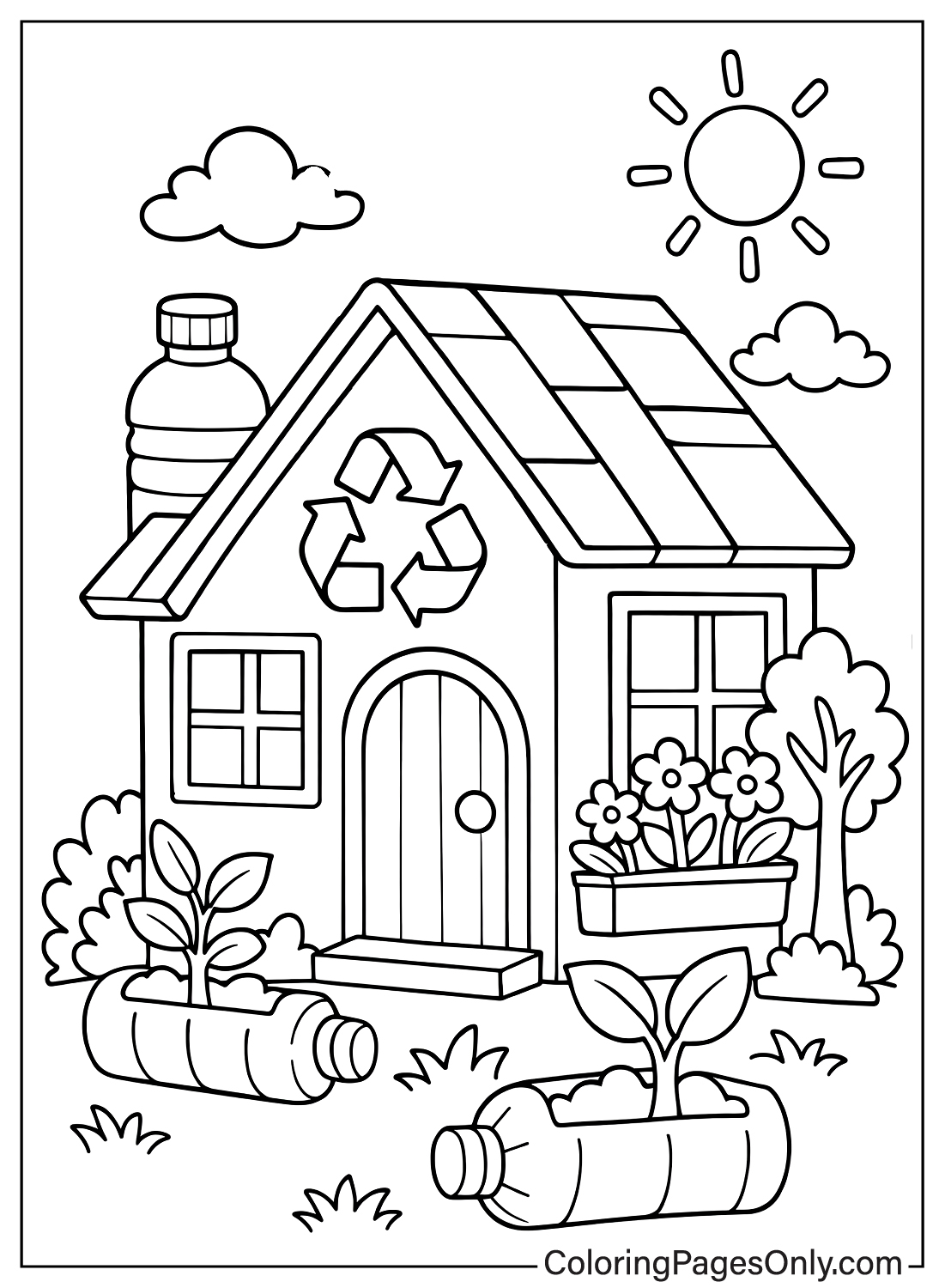 Small eco house with plants growing in recycled plastic bottles coloring page from Recycling
