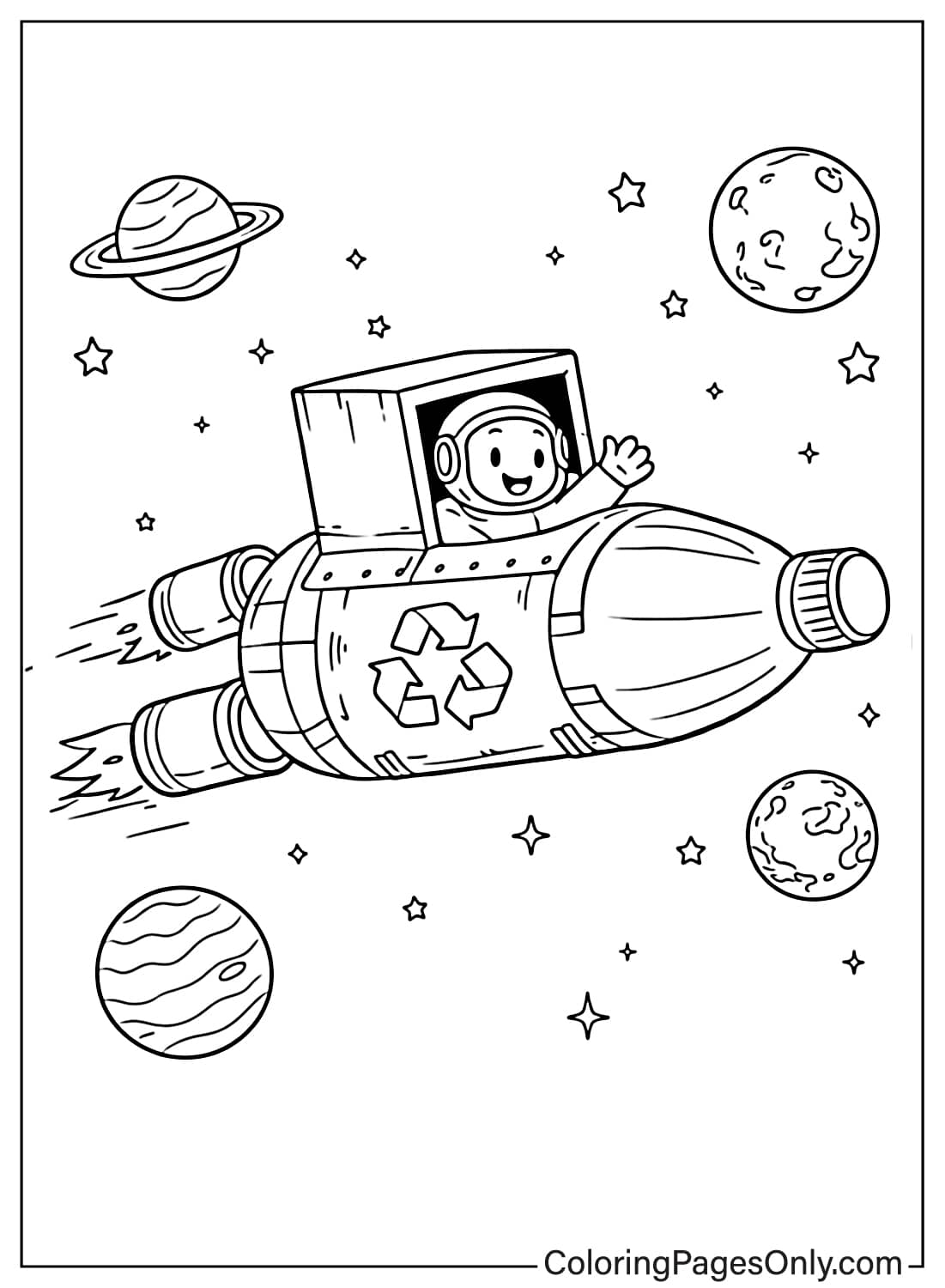 Cute astronaut flying a spaceship made from a plastic bottle with recycling symbol coloring page from Recycling