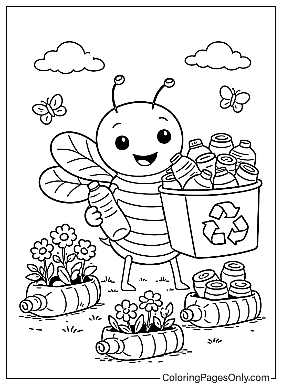 Cute bee holding plastic bottle next to recycling bin in garden coloring page from Recycling