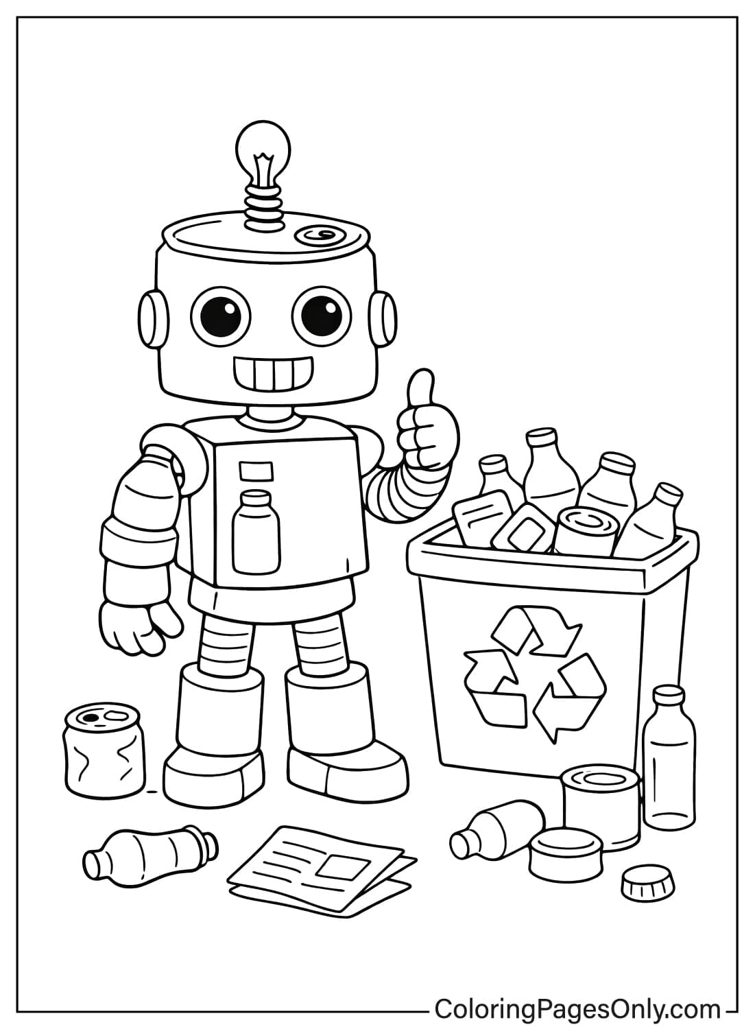 Cute recycling robot with bottles and cans near recycle bin coloring page from Recycling