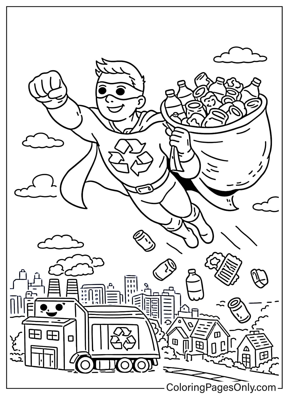 Recycling superhero carrying bag of recyclable items flying over city coloring page from Recycling