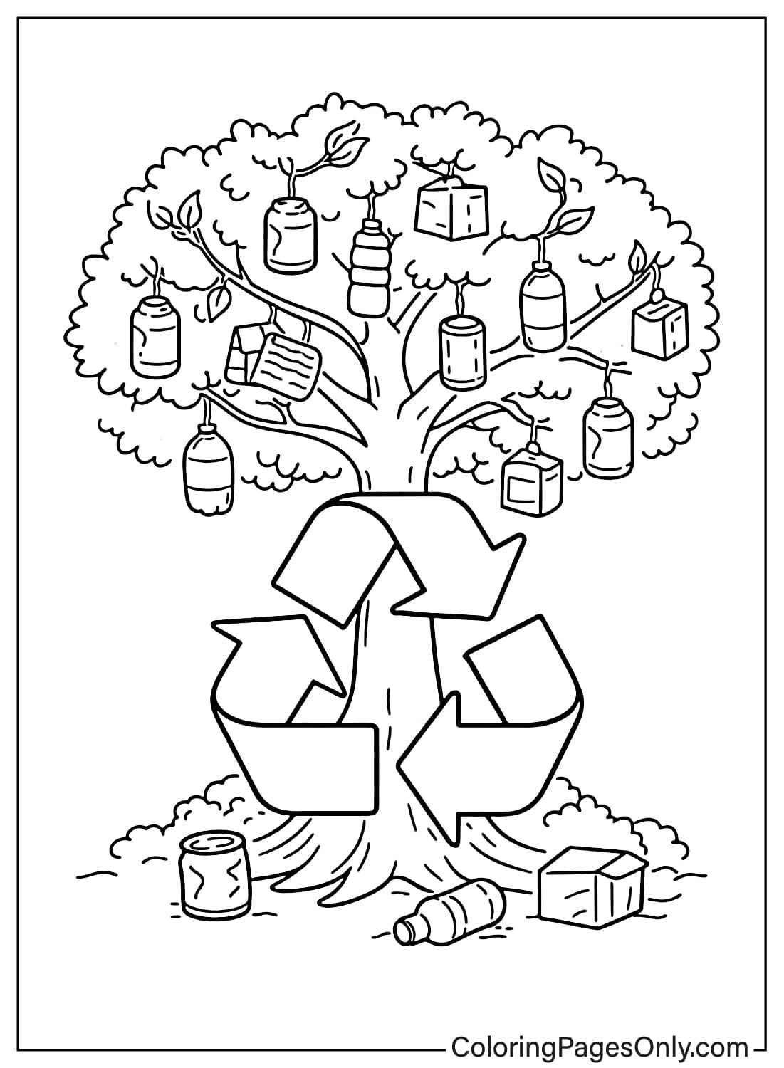 Recycling symbol tree with hanging bottles cans and boxes coloring page from Recycling