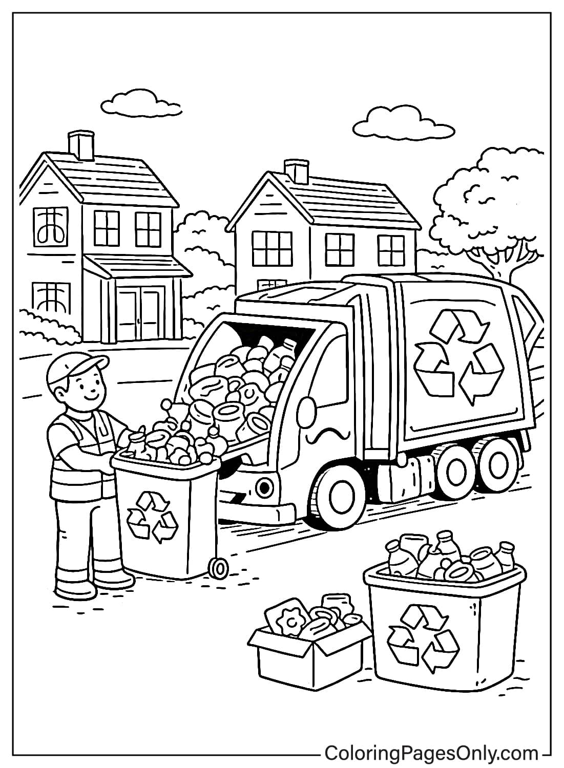Recycling truck collecting bottles cans and boxes from neighborhood coloring page from Recycling