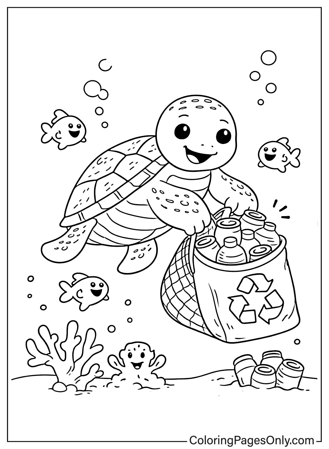 Friendly sea turtle collecting plastic bottles in recycling bag underwater coloring page from Recycling