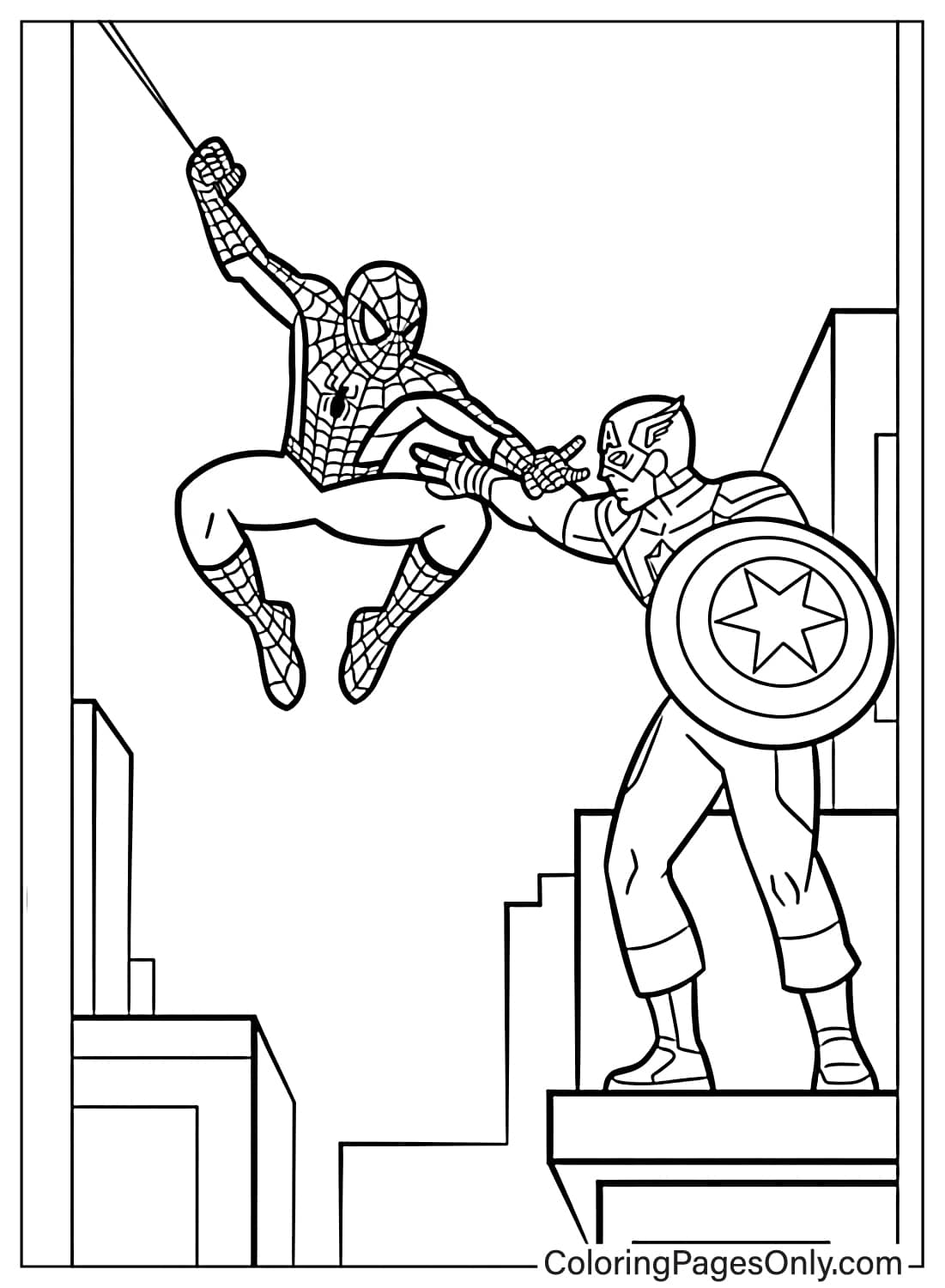 Avengers Coloring Pages Spider-Man swinging and Captain America with shield action scene from Avengers