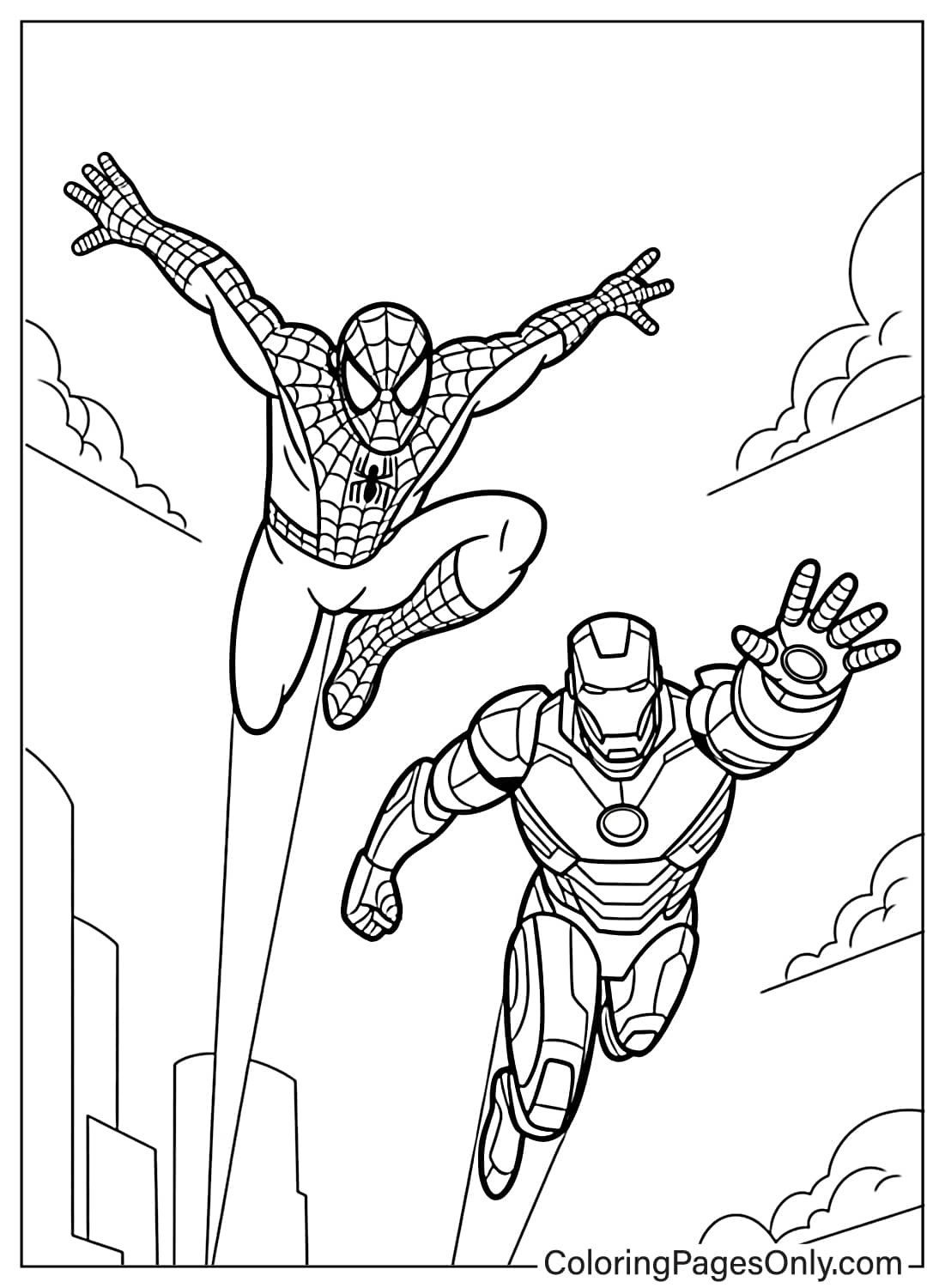 Avengers Coloring Pages Spider-Man and Iron Man flying over city skyline from Avengers