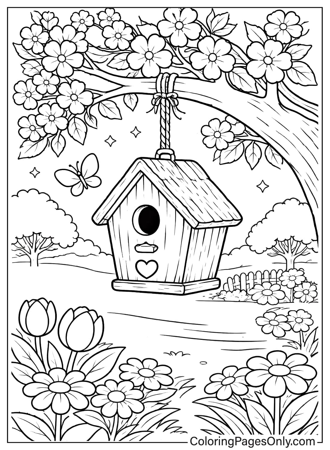 Spring Coloring Pages Birdhouse Hanging On Flower Tree from Spring