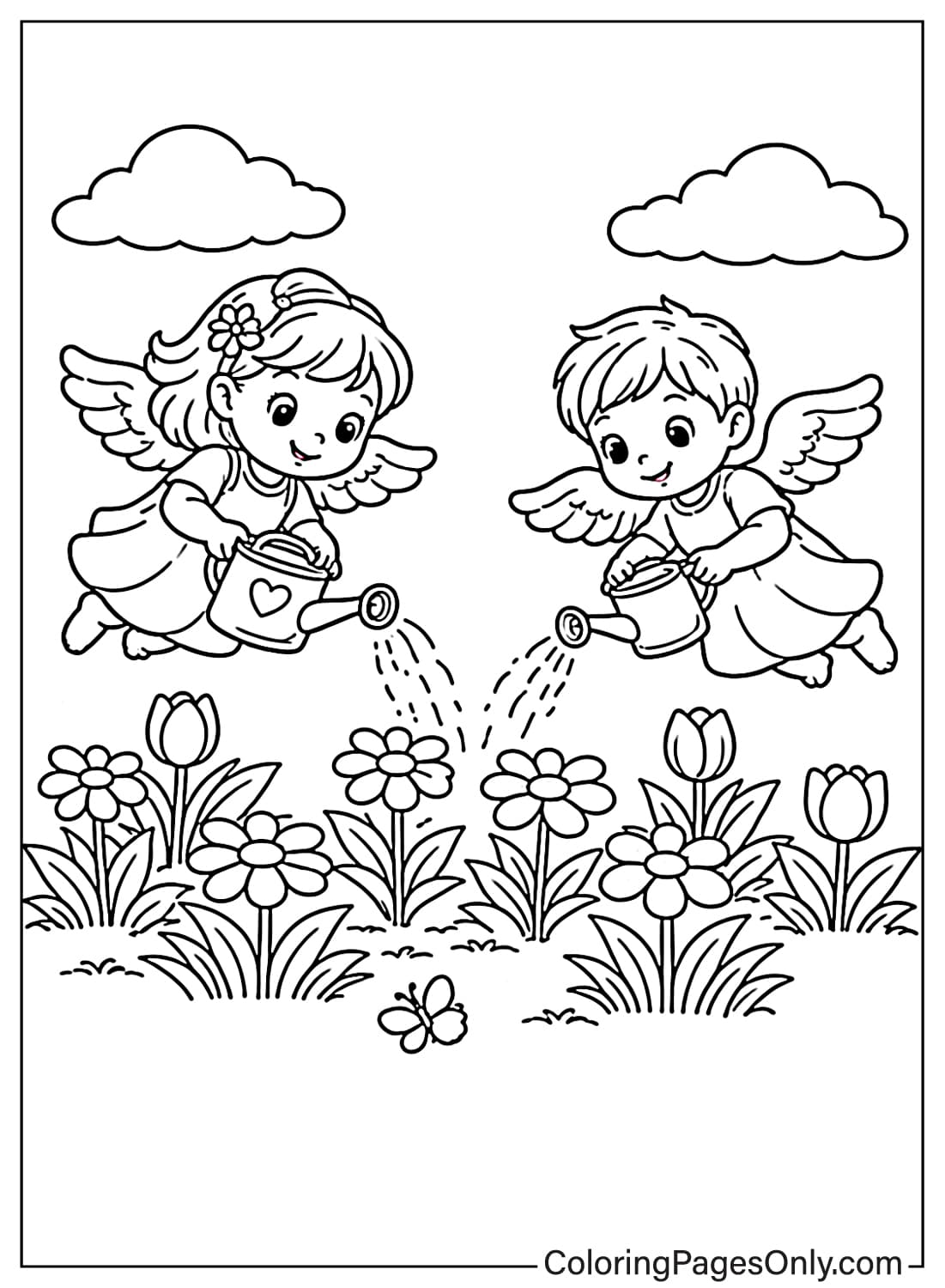Spring Coloring Pages Angels Watering Flowers from Spring