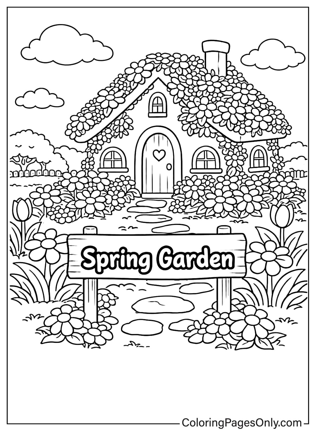 Spring Coloring Pages Flower Cottage Garden Scene from Spring