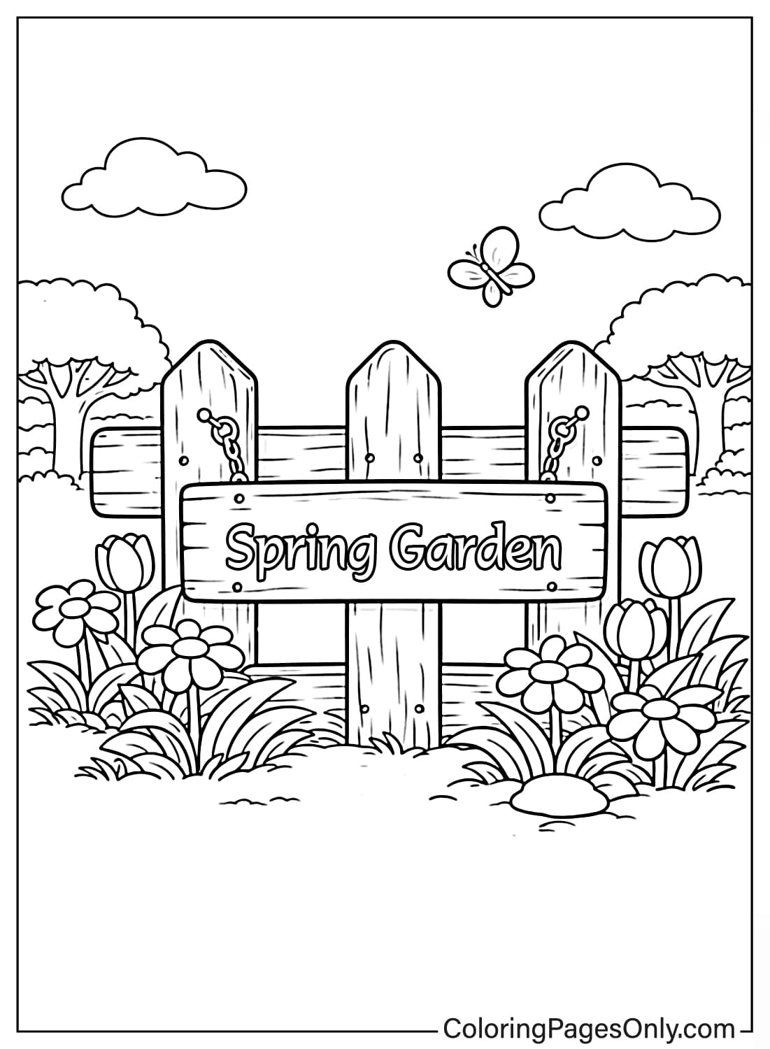 Spring Coloring Pages Spring Garden Wooden Fence Sign from Spring