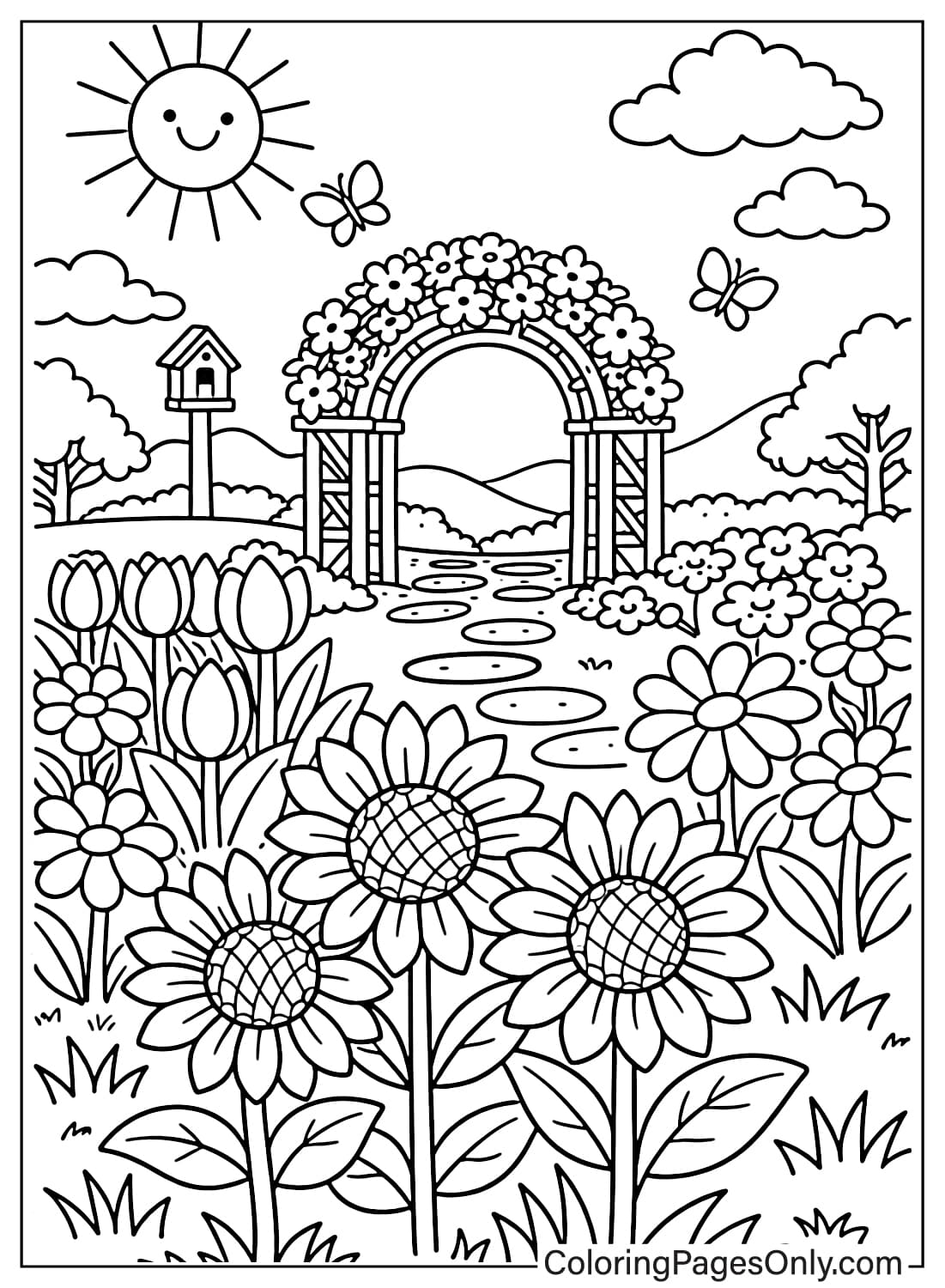Spring Coloring Pages Sunflower Garden With Stone Path from Spring