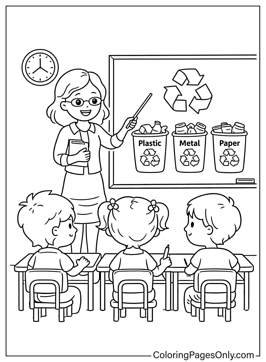 Teacher explaining recycling bins to students in classroom coloring page from Recycling