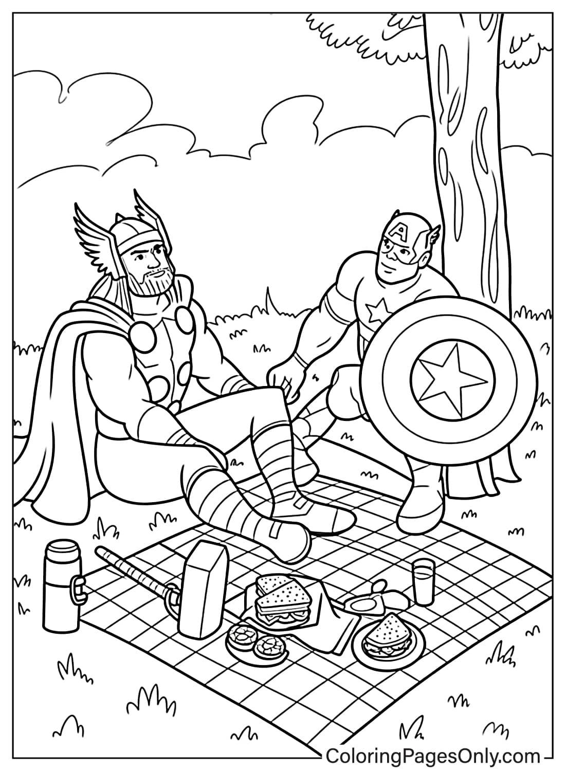 Avengers Coloring Pages Thor and Captain America relaxing picnic scene from Avengers