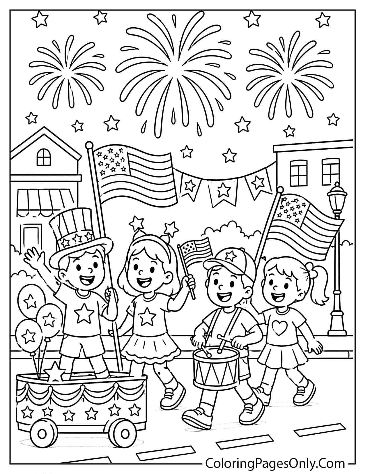4th of July Parade and Fireworks Coloring Page from Fireworks