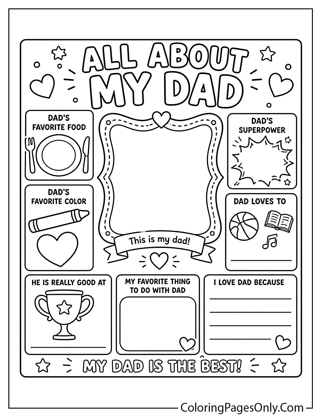 All about my dad coloring page printable activity for kids from Father's Day