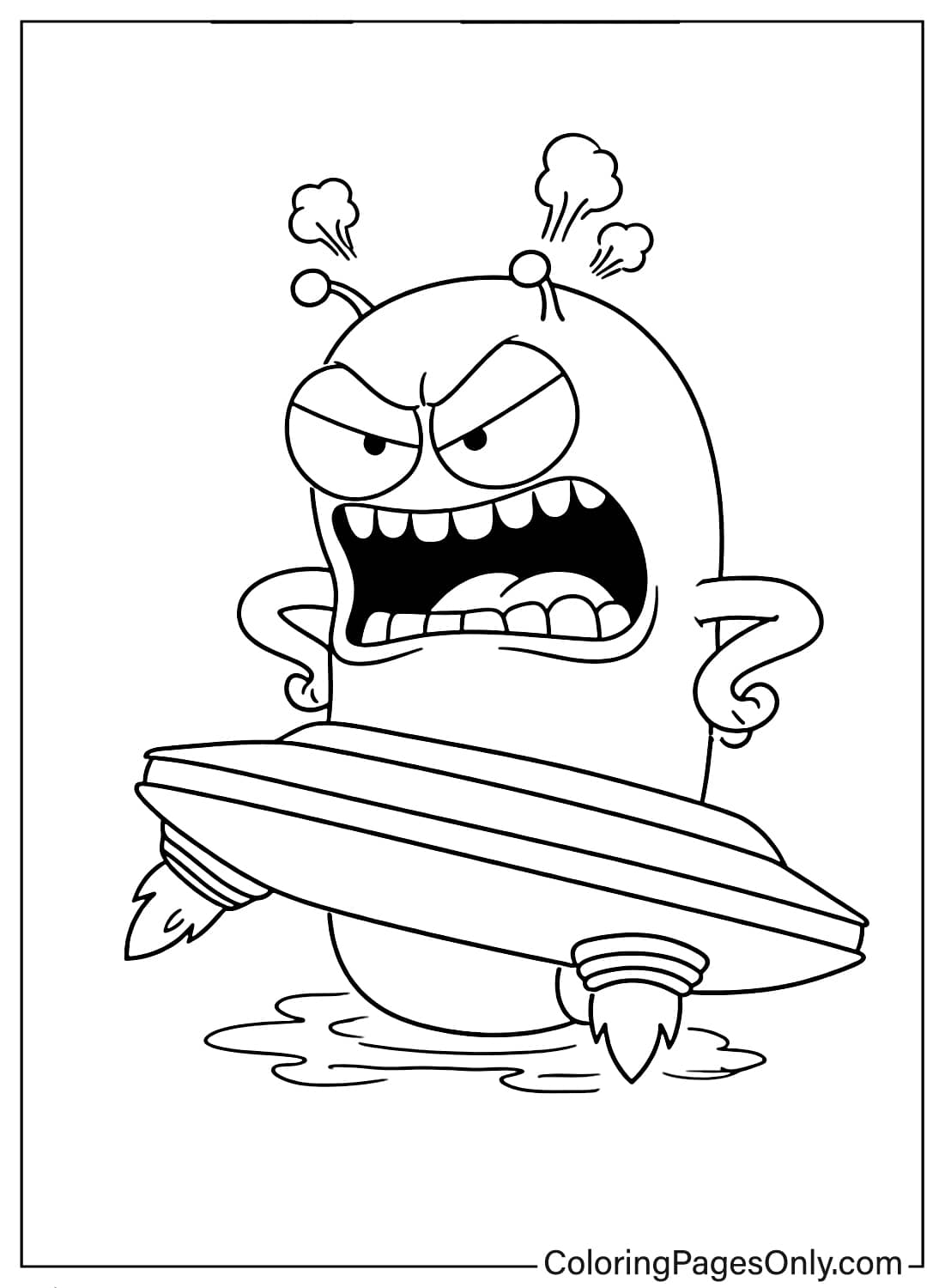 Nebulax character looking angry and yelling, floating on his UFO body coloring page. from Astro Bot