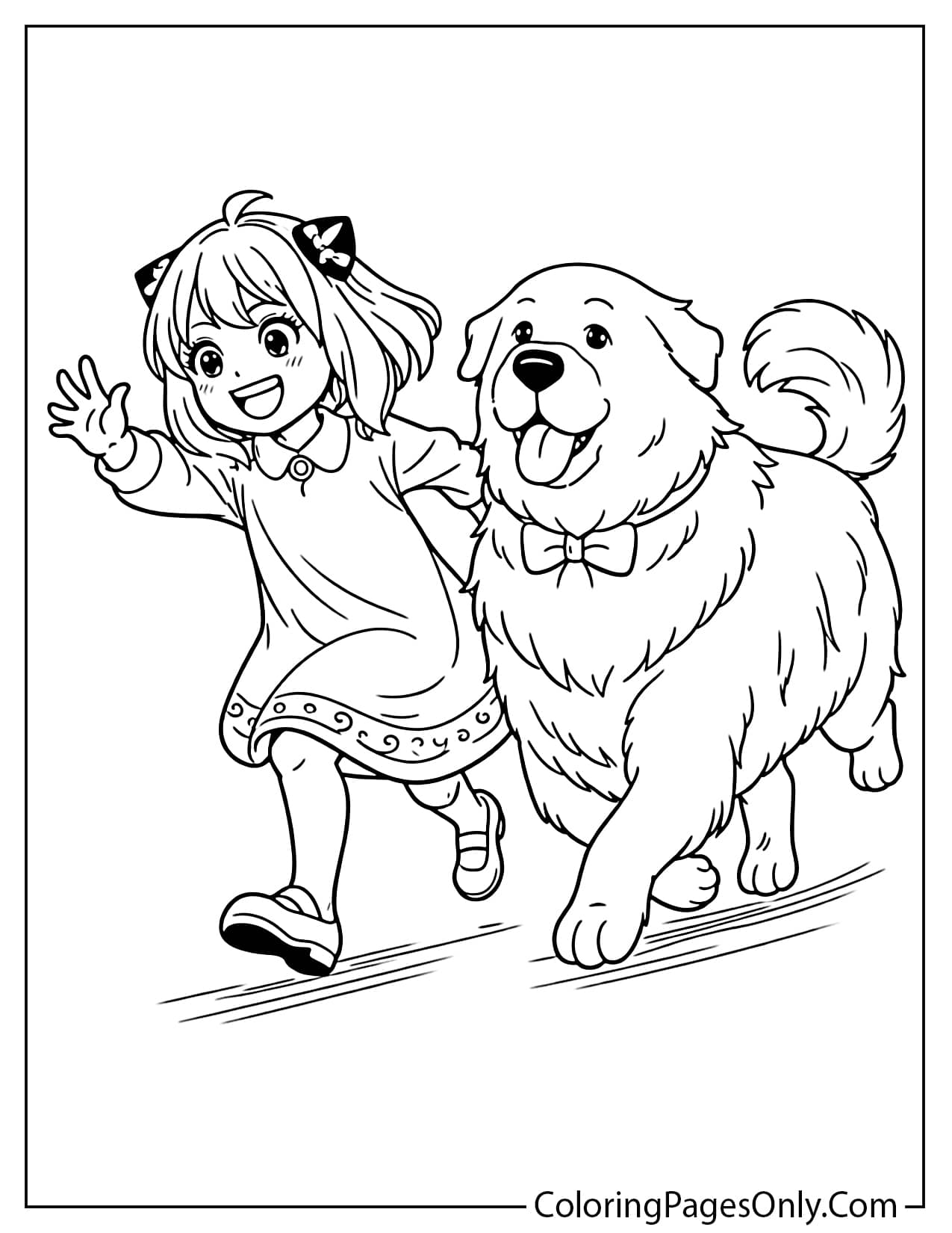 Anya Forger running happily beside Bond in a playful and energetic scene from Spy x Family