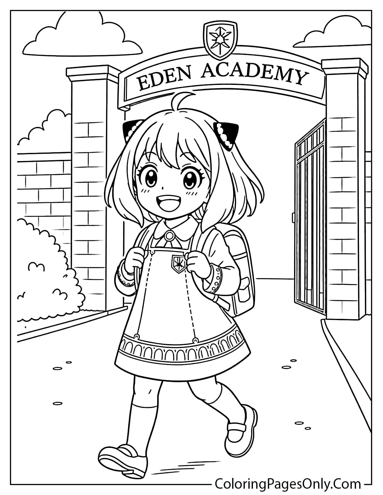 Anya Forger carrying her school backpack and walking toward Eden Academy from Spy x Family