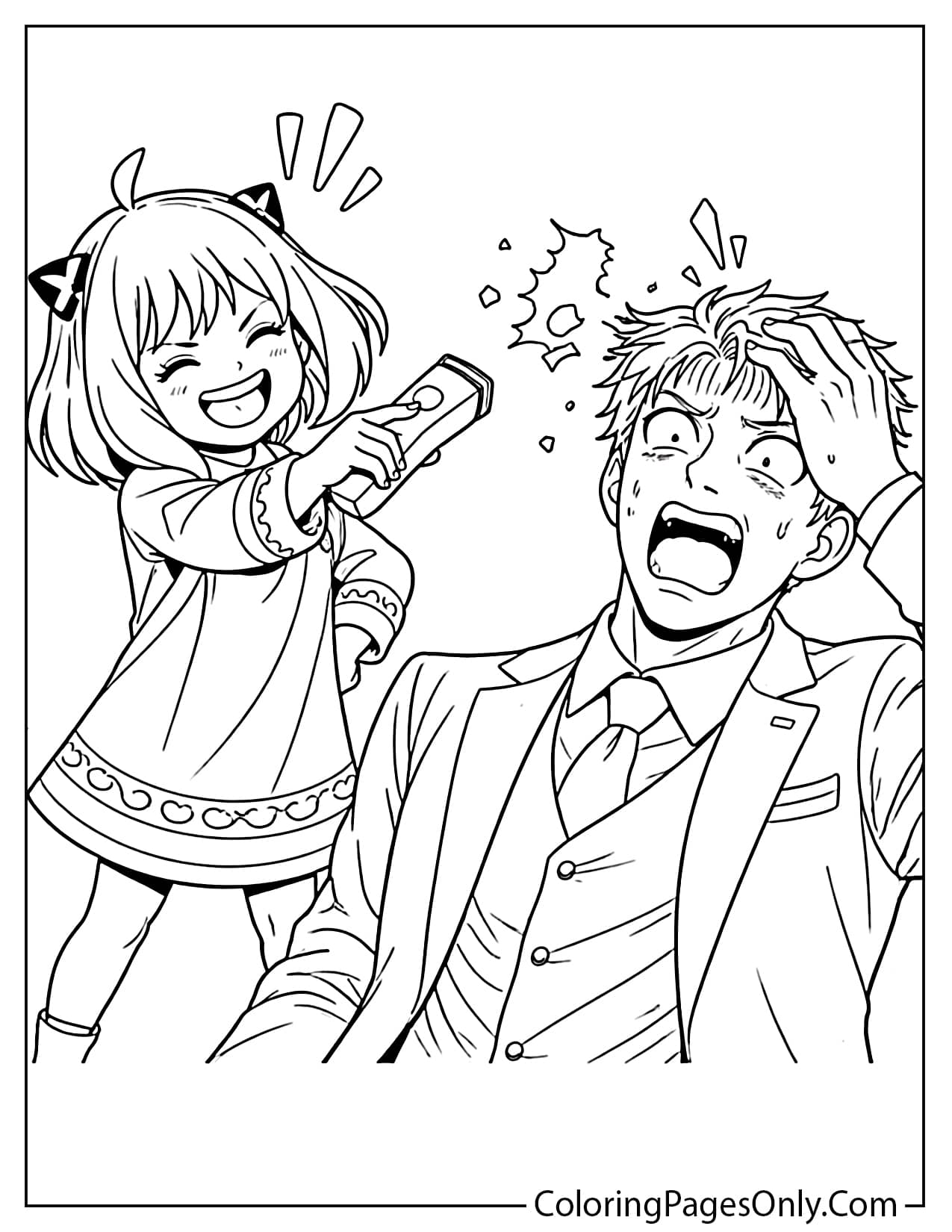 Anya Forger playing a prank on Loid in a funny and mischievous family scene from Spy x Family