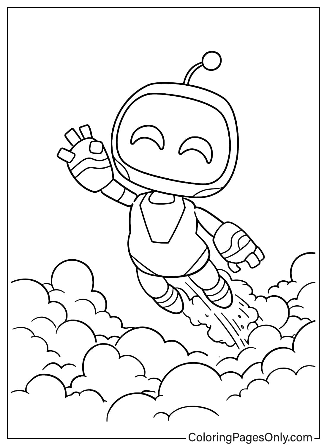 Astro Bot flying through clouds coloring page with simple lines from Astro Bot