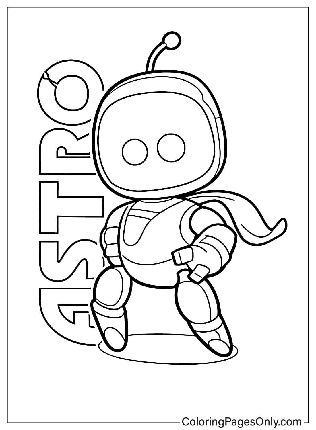 Astro Bot hero pose coloring page with bold outline and simple design from Astro Bot
