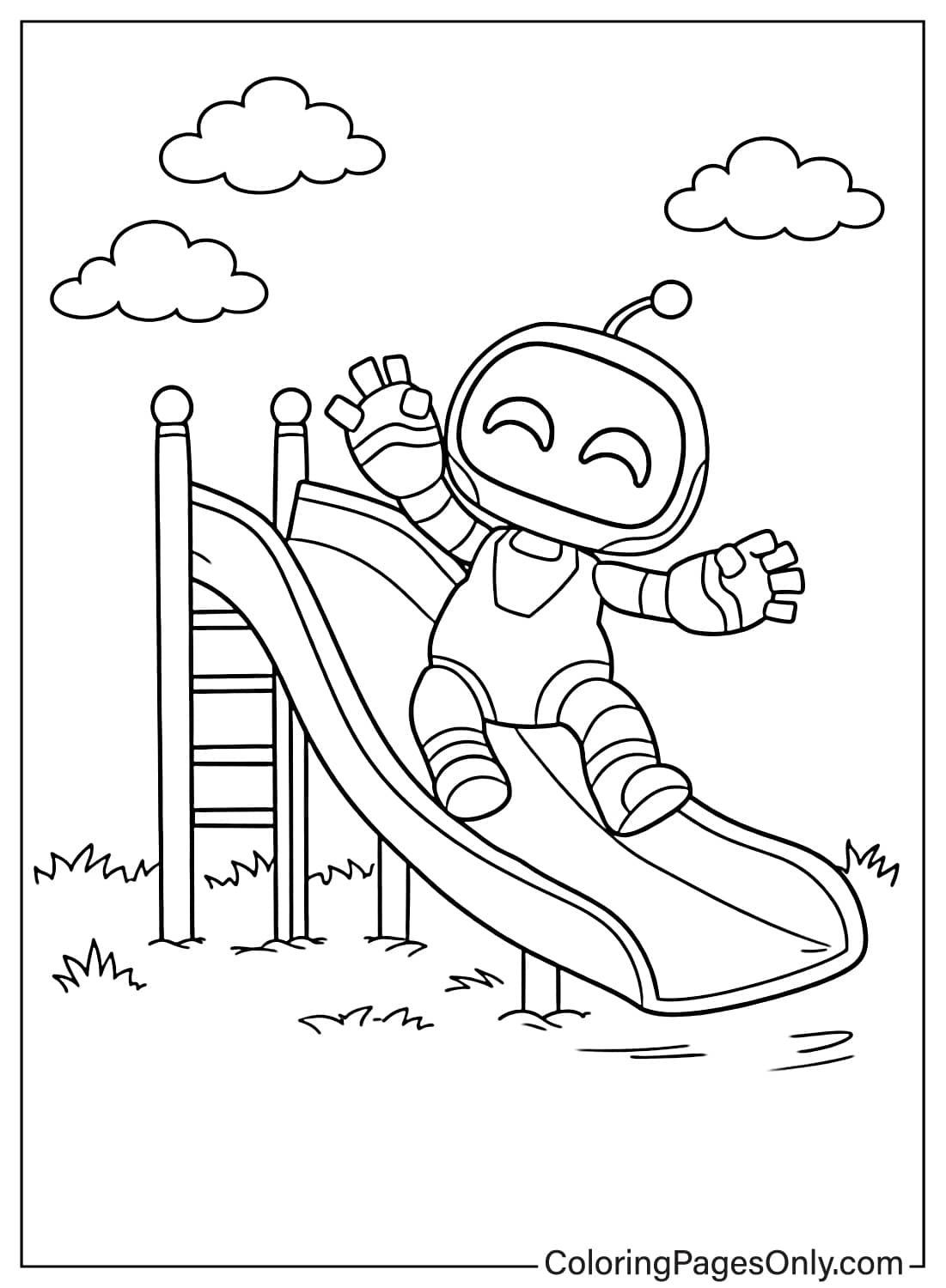 Astro Bot sliding down playground slide coloring page from Astro Bot
