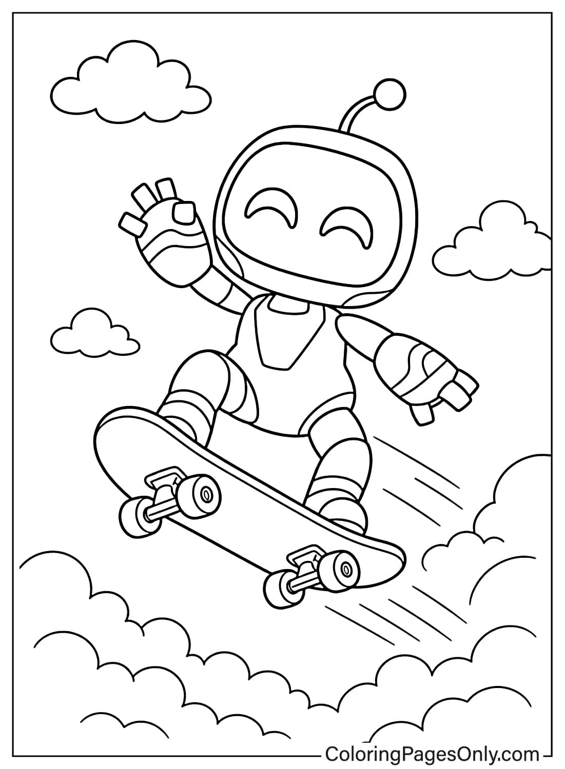 Astro Bot riding skateboard in the sky coloring page from Astro Bot