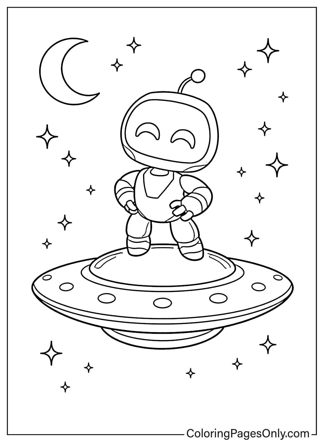 Astro Bot standing on UFO in space with stars coloring page from Astro Bot