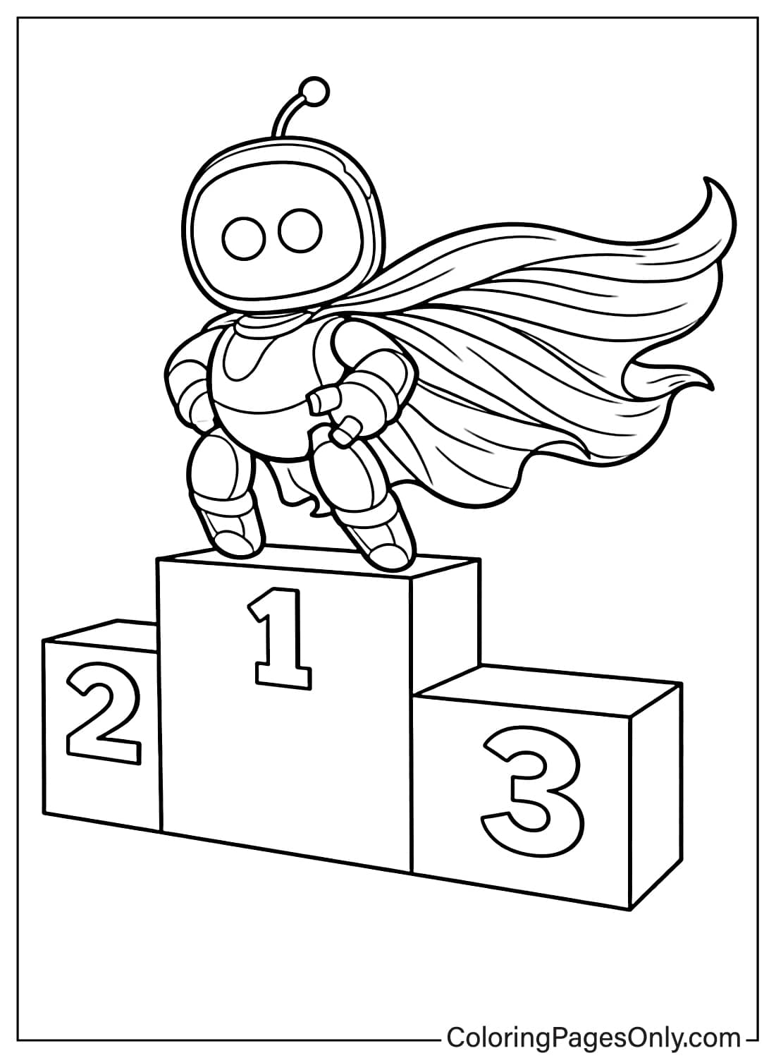 Astro Bot standing on winner podium number one coloring page from Astro Bot
