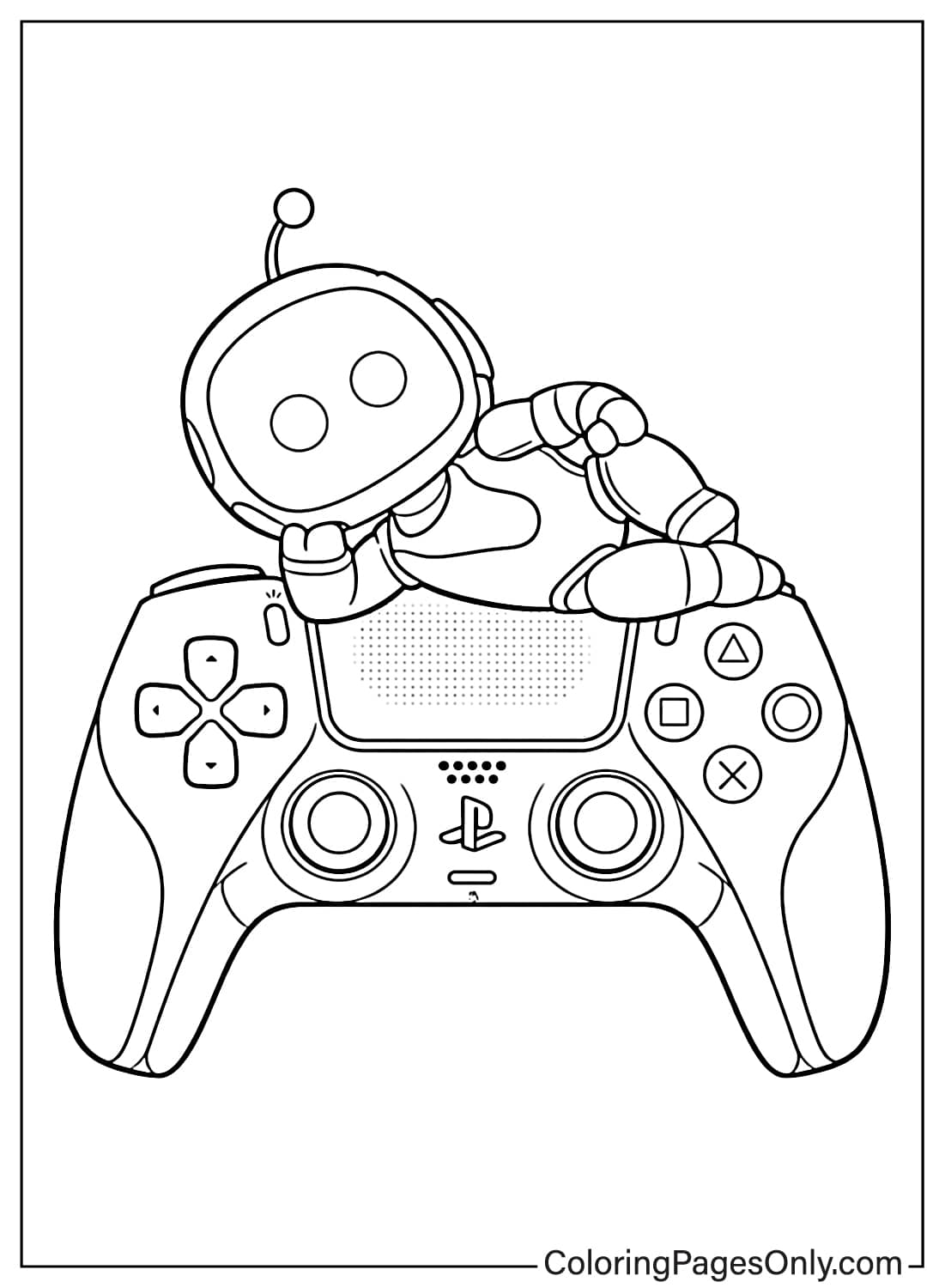 Astro Bot relaxing on game controller coloring page for kids from Astro Bot