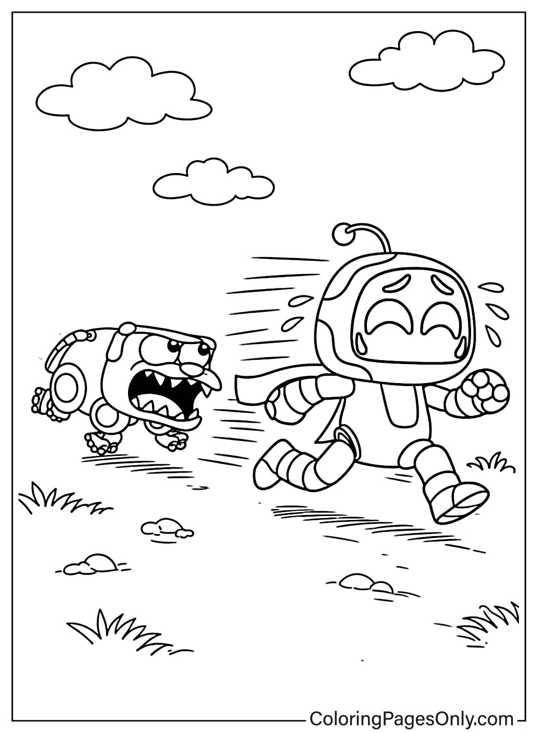 Astro Bot running away from Dog Bot in a fun chase coloring page for kids from Astro Bot