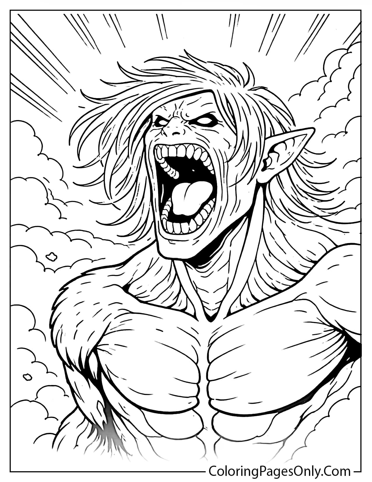 Attack Titan roaring close up with intense expression coloring page from Attack On Titan