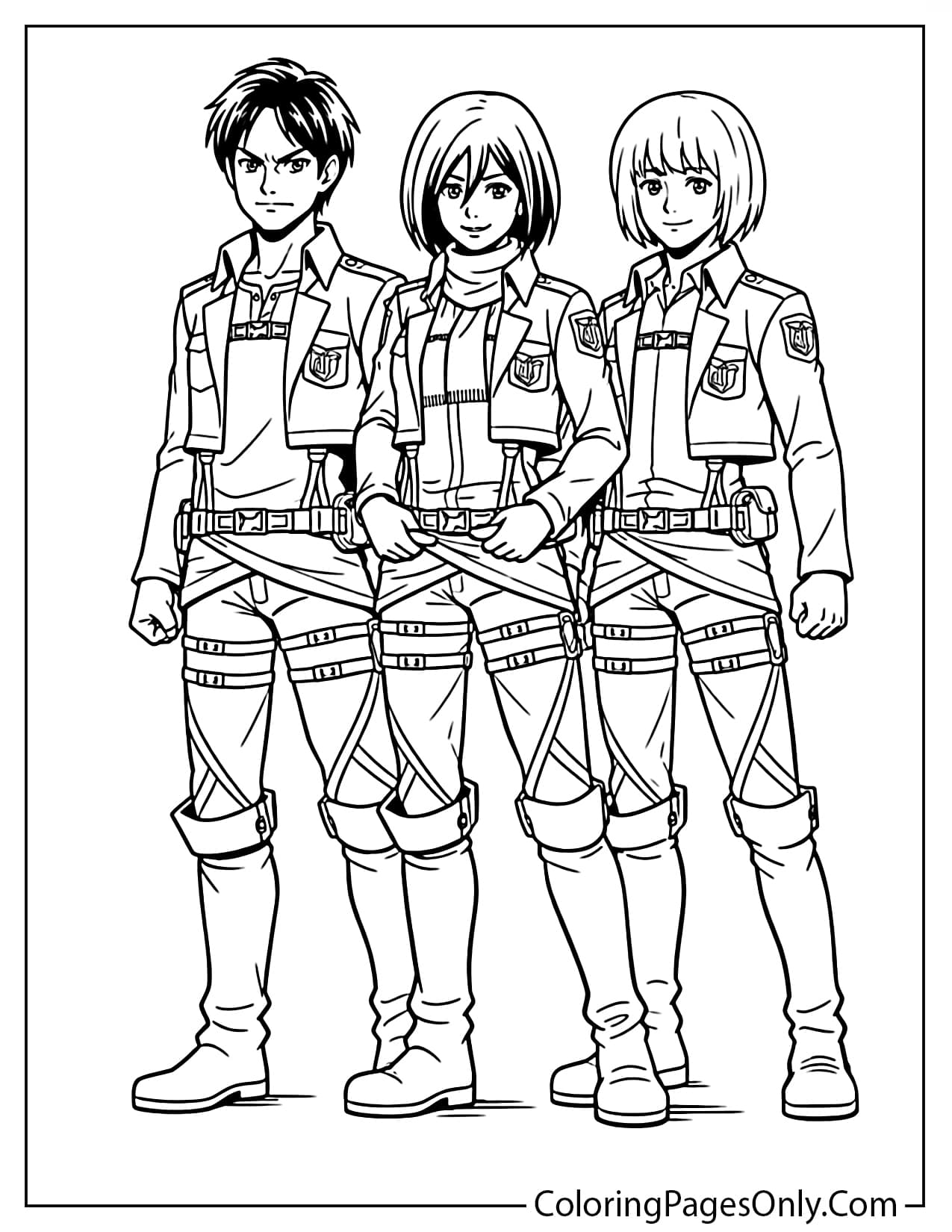 Attack on Titan main characters group standing together coloring pag from Attack On Titan