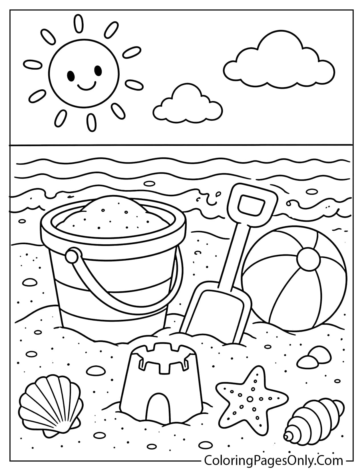 Beach bucket and shovel coloring page from Beach