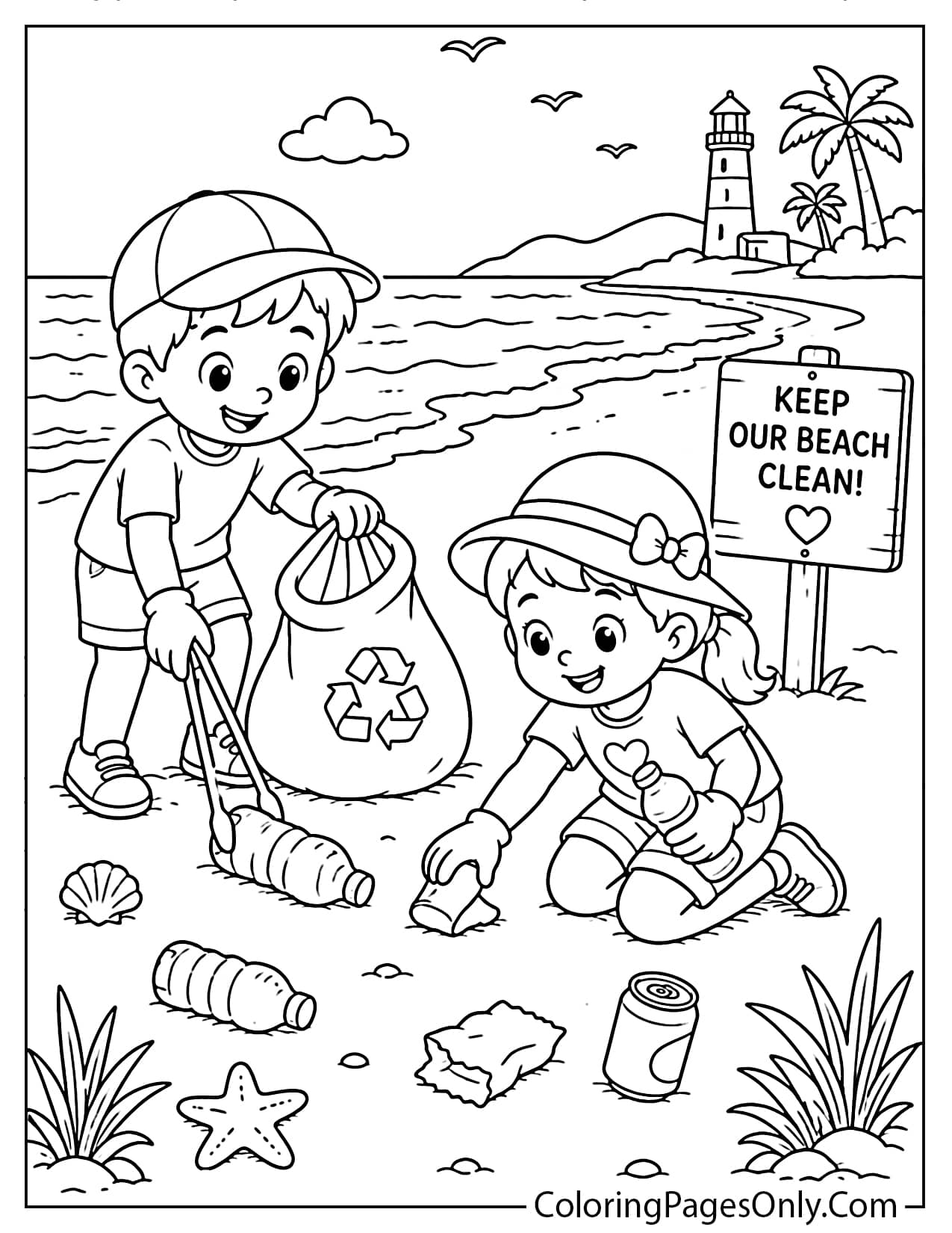 Beach cleanup coloring page for kids from Beach