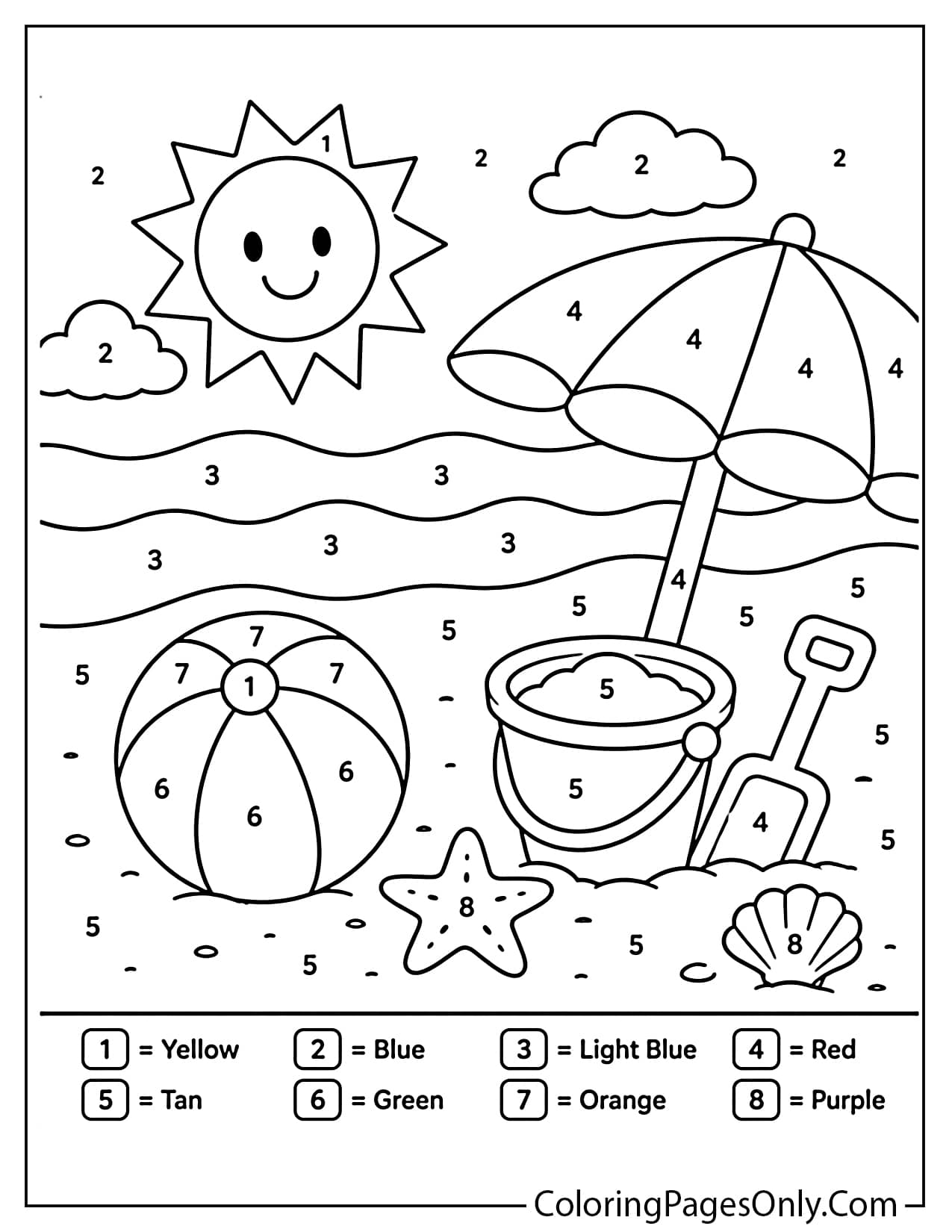 Beach color by number coloring page from Beach