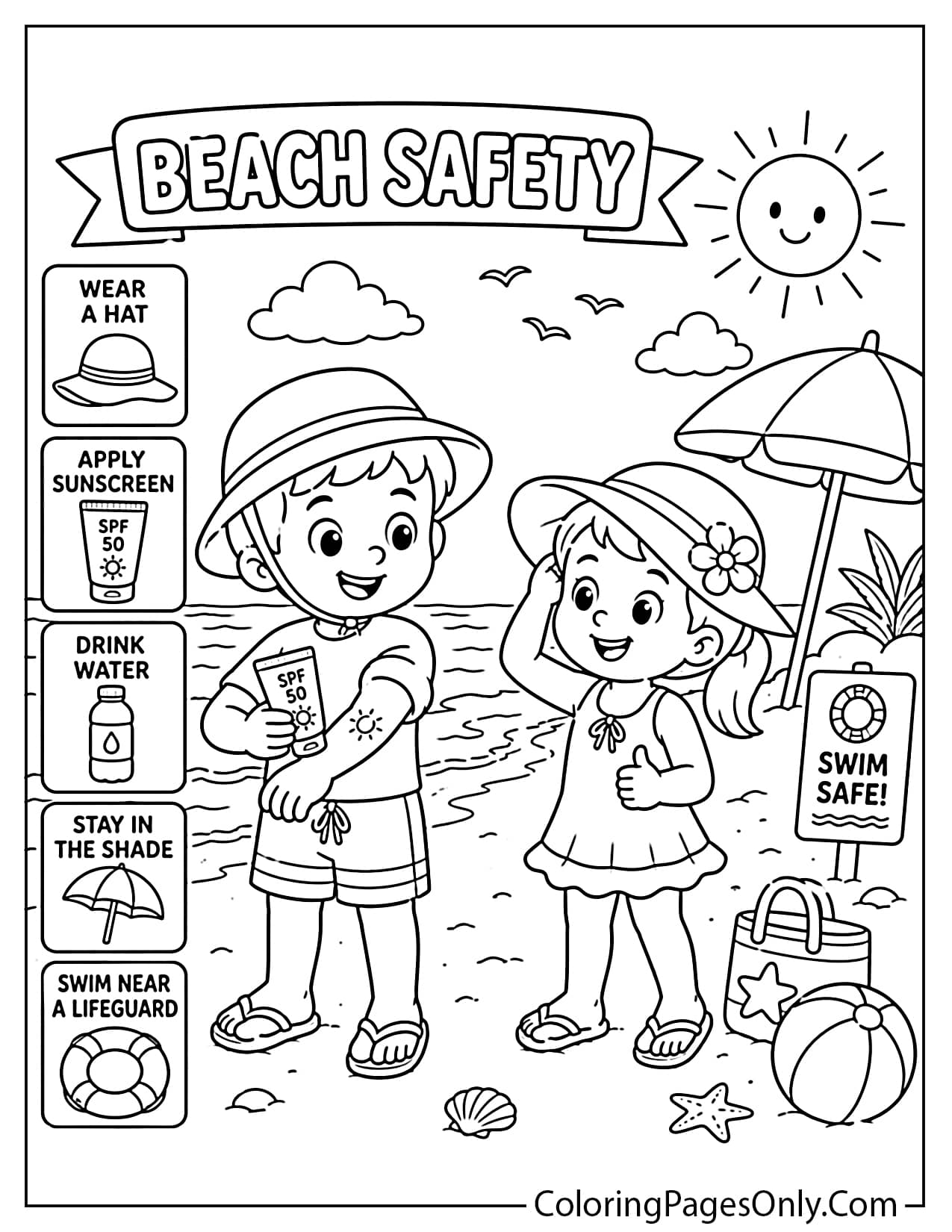 Beach safety coloring page for kids from Beach