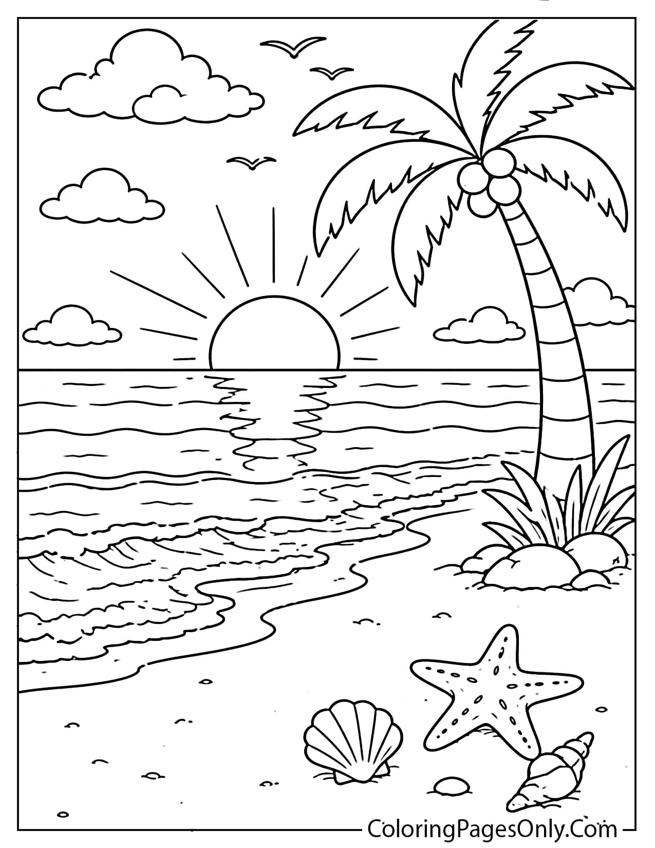 Beach sunset coloring page printable from Beach
