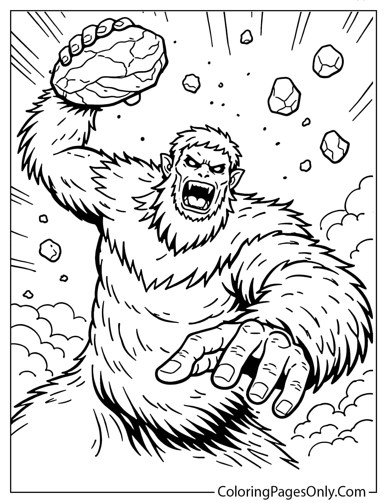 Beast Titan throwing rocks in battle scene coloring page from Attack On Titan