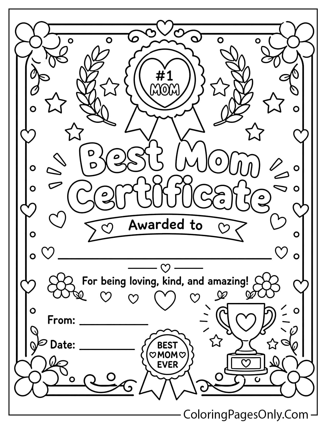Best mom certificate coloring page printable from I Love Mom