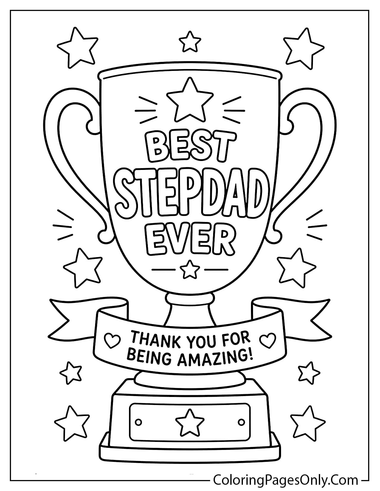 Best stepdad ever father’s day coloring page with trophy and stars from Father's Day