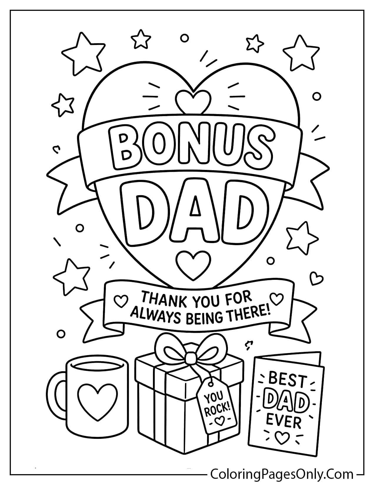 Bonus dad father’s day coloring page with heart banner and gift elements from Father's Day