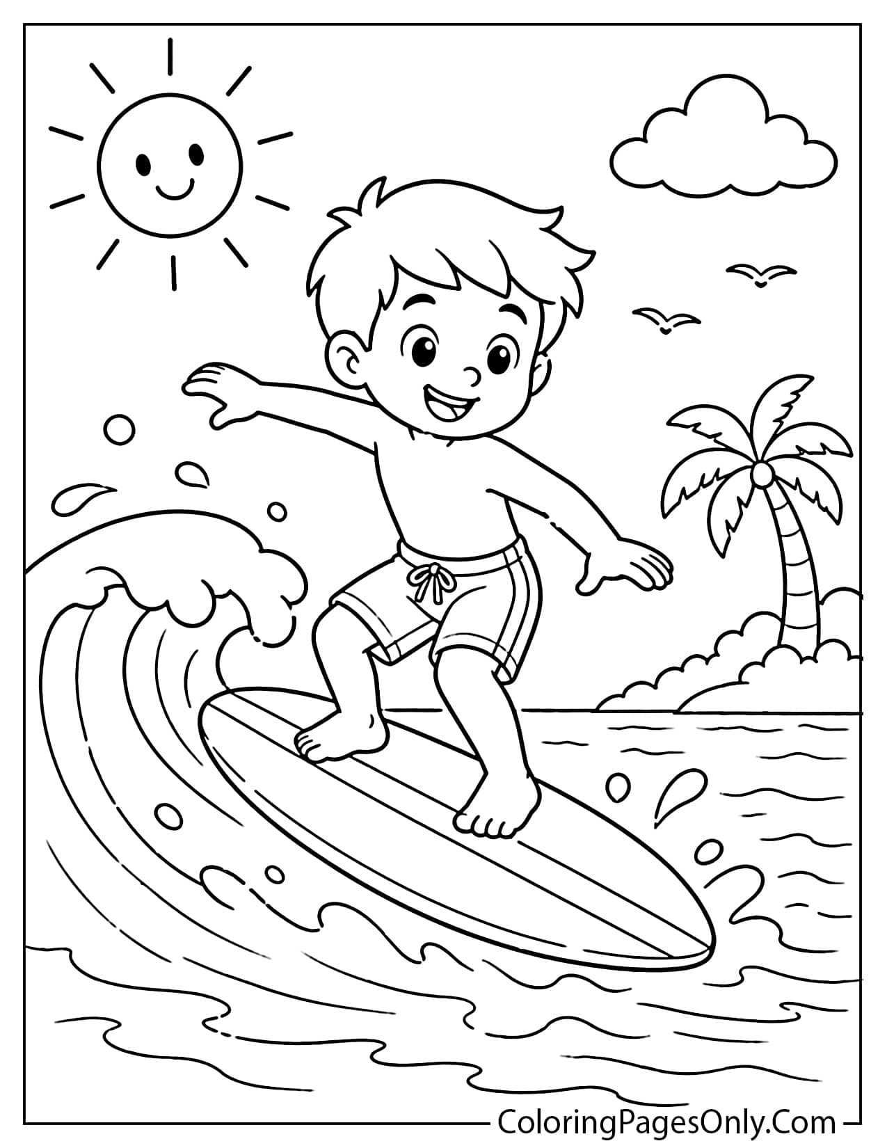 Boy surfing coloring page for kids from Beach